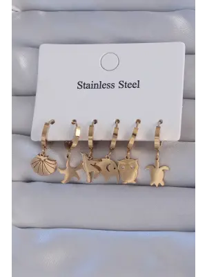   Altın Zirkon Taşlı Hayvan Figürlü Deniz Yıldızı Model Halka Küpe Seti