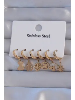   Altın Zirkon Taşlı Hayvan Figürlü Yaprak Model Halka Küpe Seti