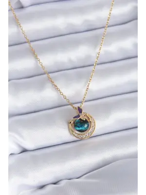 316L Çelik Gold Renk Zirkon Taşlı Hilal Gezegen Model Kadın Kolye