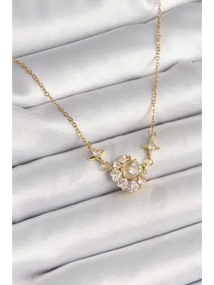 316L Çelik Gold Renk Zirkon Taşlı Hilal Kalp Model Kadın Kolye