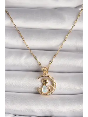  Altın  Zirkon Taşlı Hilal Mavi Sedefli Kedi Figür Yıldız Detay  Çelik Kolye