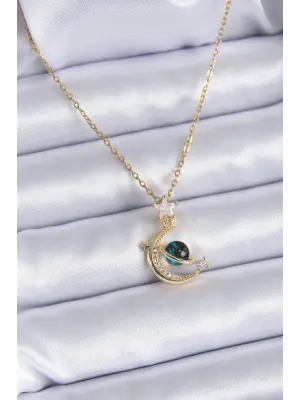 316L Çelik Gold Renk Zirkon Taşlı Hilal Model Kadın Kolye