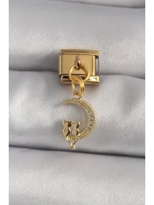 316L Çelik Gold Renk Zirkon Taşlı Hilal Model Kedi Detay Nomination Charm