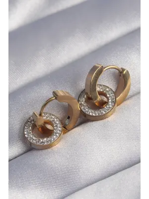   Altın Zirkon Taşlı İç İçe Geçmeli Oval Küpe