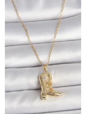 316L Çelik Gold Renk Zirkon Taşlı İşleme Detaylı Çizme Model Kadın Kolye