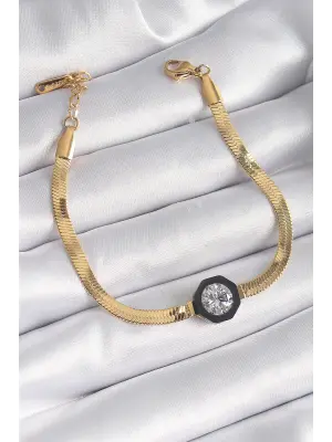 316L Çelik Gold Renk Zirkon Taşlı İtalyan Zincir Model Kadın Bileklik