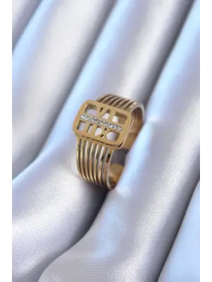 316L Çelik Altın Zirkon taşlı Kaburga Model Çelik Yüzük