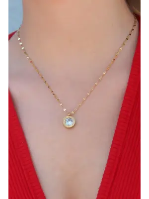  Altın  Zirkon Taşlı  Çelik Kolye