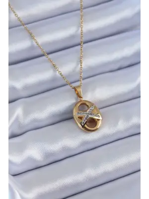  Altın  Zirkon Taşlı  Çelik Kolye