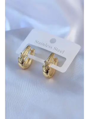 316L Çelik Gold Renk Zirkon Taşlı X Model Kadın Küpe