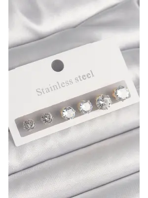   Altın Zirkon Taşlı Çelik Küpe Seti