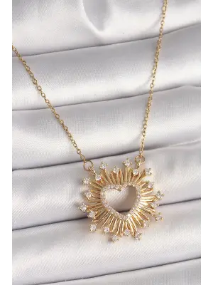 316L Çelik Gold Renk Zirkon Taşlı Kalp Model Kadın Kolye