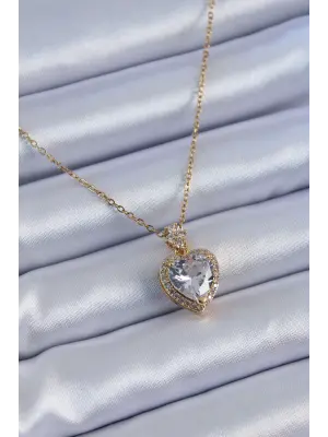 316L Çelik Gold Renk Zirkon Taşlı Kalp Model Kadın Kolye