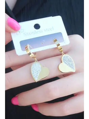   Altın Zirkon Taşlı Kalp Model Çelik Küpe