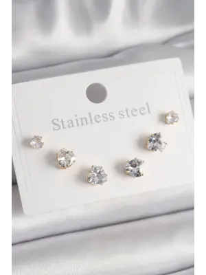   Altın Zirkon Taşlı Kalp Model Çelik Küpe Seti