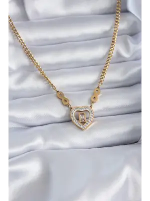  Altın  Zirkon Taşlı Kalp Model Sonsuzluk Detay  Çelik Kolye