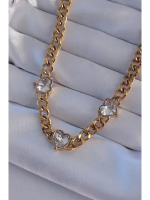  Altın  Zirkon Taşlı Kalp Model Zincir Çelik Kolye