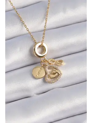  Altın  Zirkon Taşlı Kalp Sonsuzluk Detay Charm Model  Çelik Kolye