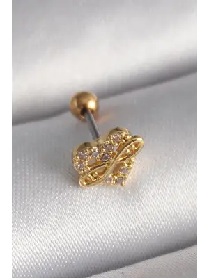 316L Çelik Gold Renk Zirkon Taşlı Kalp Sonsuzluk Detay Tragus Piercing