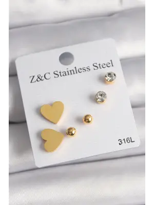   Altın Zirkon Taşlı Kalpli Çelik Küpe Seti