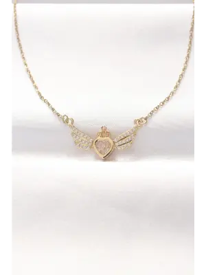  Altın  Zirkon Taşlı Kalpli Kanat Çelik Kolye