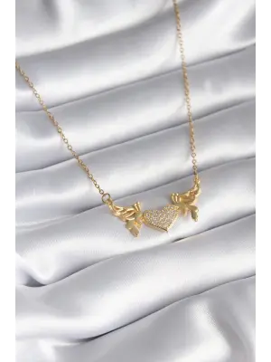  Altın  Zirkon Taşlı Kanatlı Kalp Model  Çelik Kolye