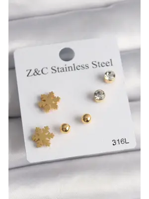   Altın Zirkon Taşlı Kar Tanesi Model Çelik Küpe Seti