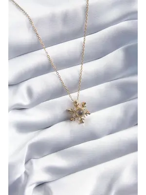  Altın  Zirkon Taşlı Kar Tanesi Projeksiyon Model  Çelik Kolye