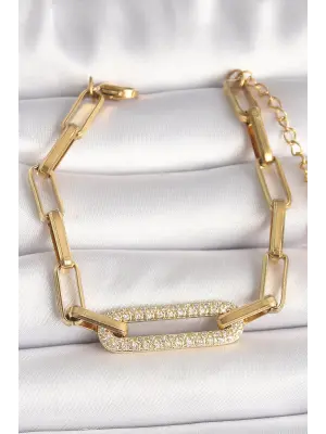 316L Çelik Gold Renk Zirkon Taşlı Kare Zincir Model Kadın Bileklik