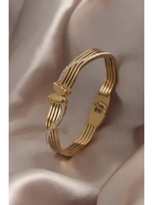 316L Çelik Gold Renk Zirkon Taşlı Kelebek Model Kadın Kelepçe