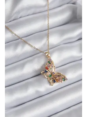  Altın  Zirkon Taşlı Kelebek Model  Çelik Kolye
