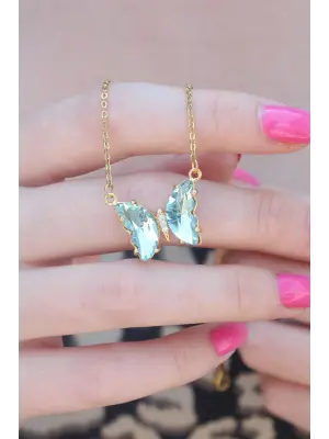 316L Çelik Gold Renk Zirkon Taşlı Kelebek Model Kadın Kolye