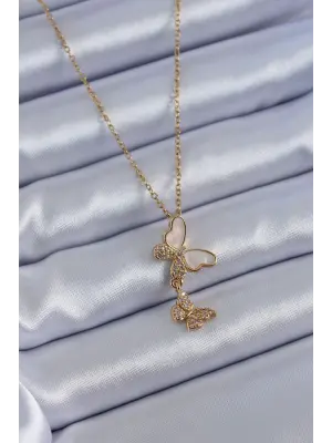 316L Çelik Gold Renk Zirkon Taşlı Kelebek Model Kadın Kolye