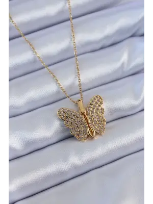  Altın  Zirkon Taşlı Kelebek Model  Çelik Kolye
