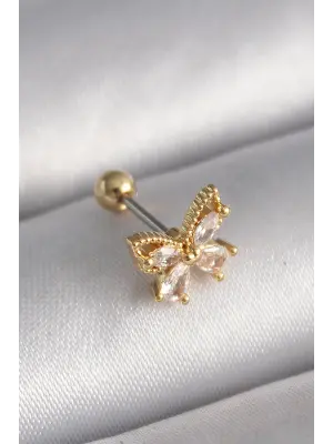 316L Çelik Gold Renk Zirkon Taşlı Kelebek Tragus Piercing