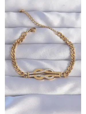 316L Çelik Gold Renk Zirkon Taşlı Kemer Tokası Model Zincir Bileklik