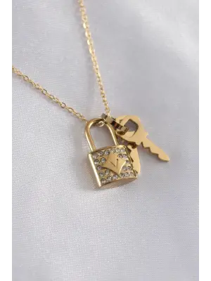  Altın  Zirkon Taşlı Kilit Figür Anahtar Detay  Çelik Kolye