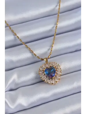 316L Çelik Gold Renk Zirkon Taşlı Kristal Mor Kalp Model Kadın Kolye