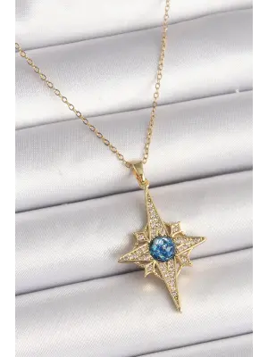 Altın Zirkon Taşlı Kutup Yıldız Model Çelik Kolye