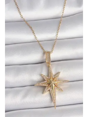 316L Çelik Gold Renk Zirkon Taşlı Kutup Yıldız Model Kadın Kolye