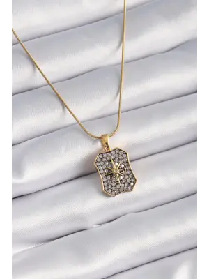  Altın  Zirkon Taşlı Kutup Yıldız Model Vintage  Çelik Kolye