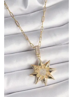  Altın  Zirkon Taşlı Kutup Yıldızı Model  Çelik Kolye
