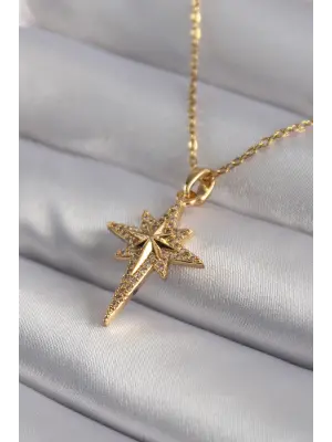  Altın  Zirkon Taşlı Kutup Yıldızı Model  Çelik Kolye