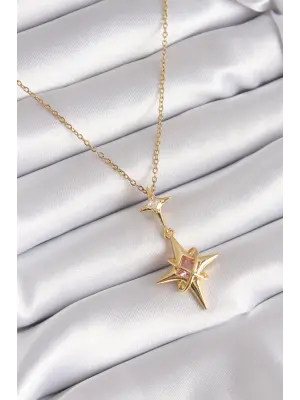  Altın  Zirkon Taşlı Kutup Yıldızı Model  Çelik Kolye