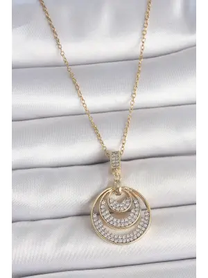316L Çelik Gold Renk Zirkon Taşlı Madalyon Model Kadın Kolye