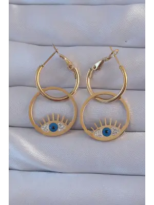   Altın Zirkon Taşlı Mavi Göz Tasarımlı Halka Küpe