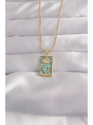  Altın  Zirkon Taşlı Mavi Mineli Taçlı Kalp Figür Tarot Çelik Kolye