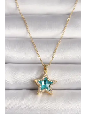  Altın  Zirkon Taşlı Mavi Yıldız Model  Çelik Kolye