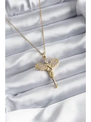  Altın  Zirkon Taşlı Melek Model  Çelik Kolye