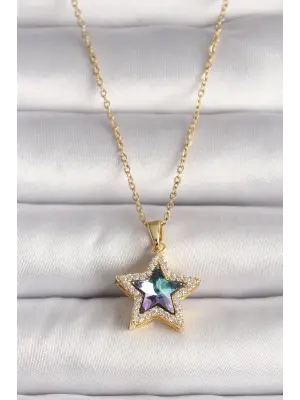  Altın  Zirkon Taşlı Mor Yıldız Model  Çelik Kolye